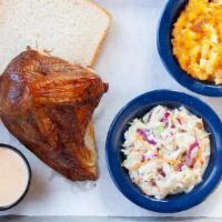 1/4 Smoked Chicken · Our slow Hickory Smoked Chicken with two pieces of white bread, your choice of two sides and...