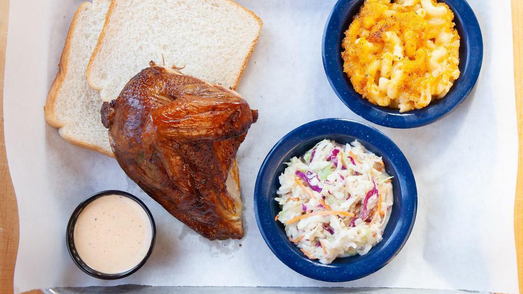 1/4 Smoked Chicken · Our slow Hickory Smoked Chicken with two pieces of white bread, your choice of two sides and sauce.