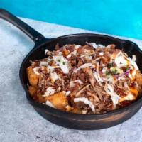Hot Mess Skillet · tater tots, pork, queso blanco, bacon slaw, chipotle bbq
