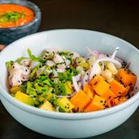 Ceviche Rice Bowl · Corvina fish ceviche, avocado, sweet potato, onions, cilantro, choclo, and cancha corn.
