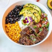 Burrito Rice Bowl · Rice, avocado, corn, pico de gallo, black beans, and cheese.