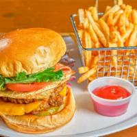 The Yeti Deluxe Vegan Burger · Two vegan patties, two slices vegan cheese, ketchup, mustard, vegan mayo, tomato grilled oni...