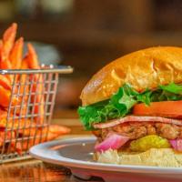 Vegan Bacon Burger · Vegan patty, ketchup, mustard, vegan mayo, pickles, Tomato, grilled onions, vegan bacon, org...