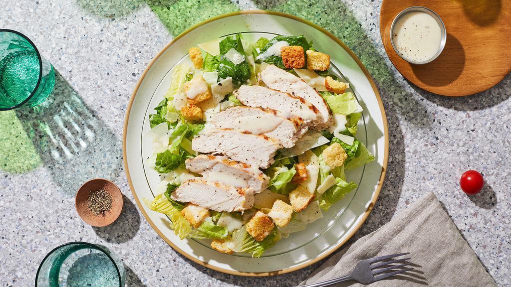 Chicken Caesar Salad · Grilled chicken over romaine lettuce with Parmesan cheese, savory croutons, and Caesar dressing.