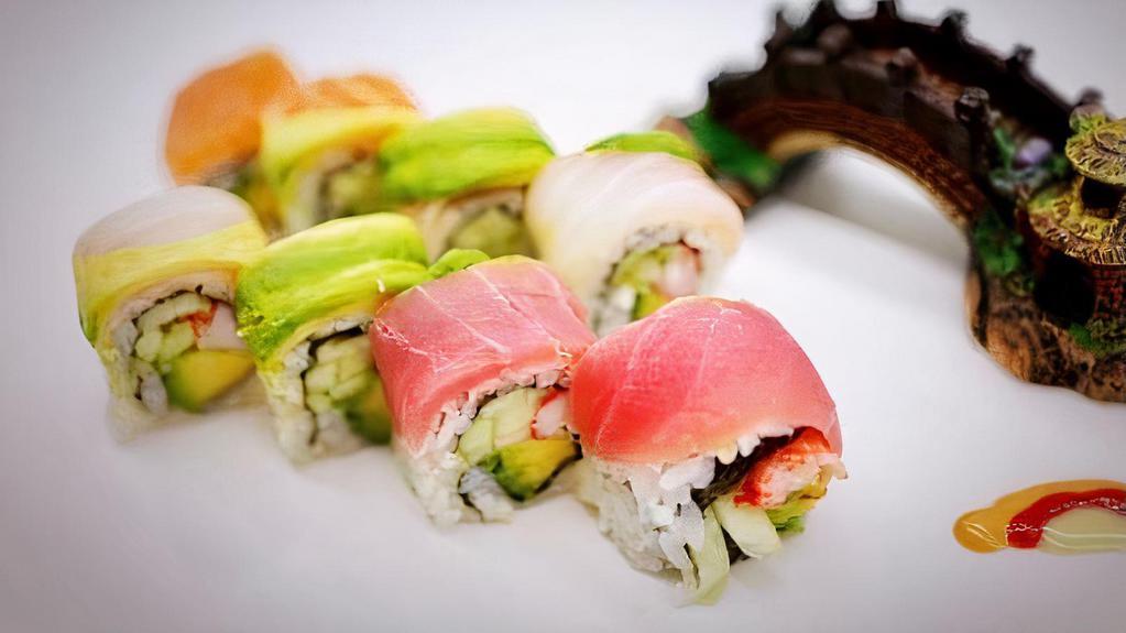 Rainbow Roll · California roll topped with several different kinds of fish and avocado.