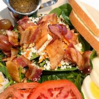 Spinach Salad Plate · Baby spinach, tomato, carrots topped with crushed walnuts, goat cheese, egg, bacon