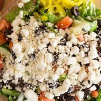 Greek Salad · Hot. Vegetarian. Vegan. The best Greek salad with tomato, sliced cucumber, green pepper, sli...