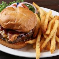 Bbq Bacon Burger · Our fresh 8oz Angus beef patty char-grilled and topped with Cheddar cheese, Anchor Bar's spi...