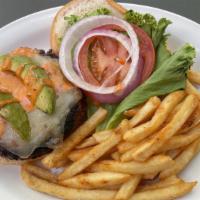Avocado Burger · Our fresh 8oz Angus beef patty char-grilled and topped with Pepper Jack cheese, avocado slic...