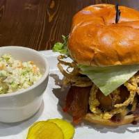 Haystack Burger · Bacon, cheddar cheese, BBQ sauce and fried onion straws with lettuce & tomato.