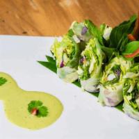 Fresh Basil Roll (Gluten Free) · Fresh rice paper wrapped with lettuce, cucumber,
carrot, basil leaves and avocado served wit...