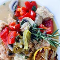 Chicken Scarpariello · Boneless breaded chicken, mushrooms, hot and sweet peppers, and garlic.