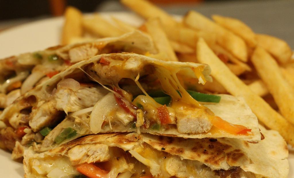 Chicken Quesadilla · Grilled chicken breast with peppers, onions, and cheddar cheese served is a grilled tortilla with sour cream & a side of fries