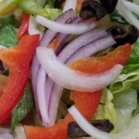 Garden Salad · Mixed greens, cucumbers, tomatoes, peppers, onions, and olives.