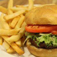 Half Pound Hamburger · Half a pound of angus beef char-grilled. Served on a bun with lettuce, tomato, & fries.