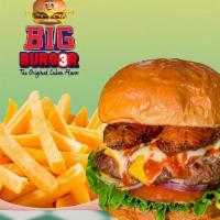 Sweet Cheese Burg3R · 100%angus beef burg3r with two sweet plantains, American cheese, onions, lettuce, tomatoes, ...
