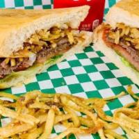Steak Sandwich-Pan Con Bistec · With onions, lettuce, tomatoes, and julienne fries. (cebolla, lechuga, tomate y papas Julian...