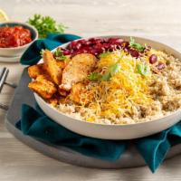 Mexican Crunch · Oatmeal, chicken fajita, salsa, kidney beans, and jack cheese