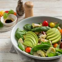 Spinach And Artichokes · Baby Spinach, Red Cherry Tomato, Yellow Cherry Tomato, Artichoke hearts, Avocado, Olive Oil,...