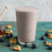 Blueberry Booster · Blueberry, Greek Yogurt, Walnuts, Flax Seeds, Honey.