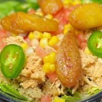 Dale'S Bowl · Shredded chicken breast, lettuce, organic corn, sweet plantains, tomato, onion, cucumber, ja...