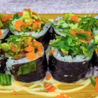 Naruto · Salmon, tuna, cream cheese, scallions, topped with wakame, Kani stick, masago, premier sauce.