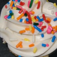 Birthday Cake · Yellow cake frosted with vanilla frosting and color sprinkles.