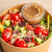 Mediterranean Salad · Romaine lettuce, spinach, quinoa, cherry
tomatoes, bell pepper, cucumber, kalamata olives, r...