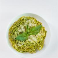 Simple Linguini Pesto · Homemade creamy pesto sauce, mixed with linguini pasta topped with parmesan cheese and basil...