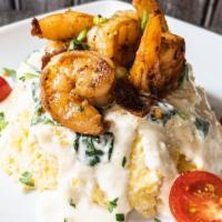 Cajun Shrimp & Grits · Stone grain creamy grits served with grilled jumbo shrimp, cherry tomatoes, bacon, spinach, ...