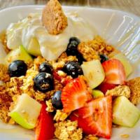 Summer Berry Honey Parfait · Greek yogurt, honey oat granola, apples, strawberries, blueberries and summer berry honey.