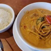 (L) Red Curry · A popular Thai curry with red chili paste, coconut milk, bamboo shoots, bell peppers, and ba...