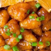 Orange Chicken (Large) · Spicy. Battered and fried chicken with orange skin in sweet and spicy sauce.