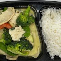 Green Curry · Green curry paste simmered in coconut milk with bamboo shoots, mushroom, broccoli, green bea...