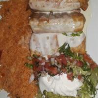 Chimichanga Lovers · Enjoy three chimichangas, one shrimp, one beef and one Chicken. Served with salad, rice and ...
