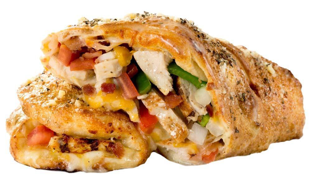 Chicken (Regular) · Choice of of your favorite flavor. Tender grilled white chicken meat, fresh tomatoes, sauteed onions and green peppers, crispy bacon and Sarpino's signature gourmet cheese blend wrapped in a golden-brown crust, brushed with rich garlic butter and sprinkled parmesan cheese. Comes with your choice of marinara, ranch, Caesar, alfredo or any other of your favorite flavor.