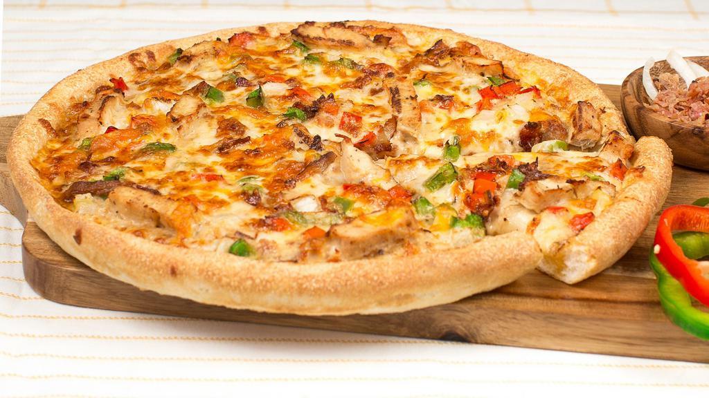 Santa Fe Chicken Pizza · Chipolata ranch sauce, chicken breast, green and red peppers, onions, Parmesan cheese, smoked bacon with cheddar and Sarpino's gourmet cheese blend. Served with marinara sauce.