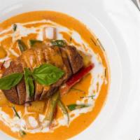 Roasted Duck Curry · Gluten-free. Roasted duck breast in chef's special red curry sauce with fresh pineapple, bel...