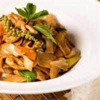 Pad Kee Mao · Also known as drunken noodle. Flat rice noodle stir fried with choice of your protein, fresh...
