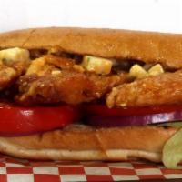 Buffalo Chicken Sandwich · Breaded Chicken, Spicy Sauce, Gorgonzola Cheese, Lettuce, Tomato, and Onion.