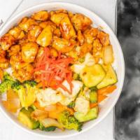 Chicken Teriyaki Rice Bowl · Chicken  teriyaki on top of steam rice with mix vegetables.
(steam rice can be substitute to...