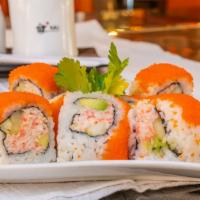 Spicy California Roll · Marinated spicy crabmeat and cucumber, and avocado topped with spicy crabmeat.