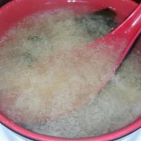 Miso · Bowl. White soy bean paste soup, tofu, seaweed, and scallion.