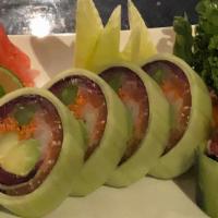 Sashimi Roll · Salmon, tuna, escolar, kani, avocado, scallion, asparagus, carrot, masago wrapped in cucumbe...