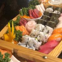 Boat For 2 · 16 pieces sashimi 12 pieces nigiri 1 California roll 1 JB roll. Raw/under cooked Serve with ...