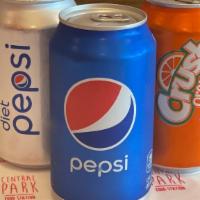 Canned Soda · Pepsi, diet Pepsi, Pepsi zero, orange crush, sierra mist, and mountain dew.