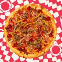 Supreme · Marinara, pepperoni, sausage, mushrooms, onions, bell peppers, mozzarella.