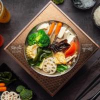 Healthy Veggie Hot Soup 蔬菜豆腐锅 · Suggested Calories: 418.6. Taiwanese Cabbage, Vermicelli, Enoki Mushroom, Tomato, Corn, Lotu...