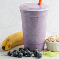 Blueberry Matcha · banana, blueberry, spinach, almond milk, oats and matcha. vanilla whey protein