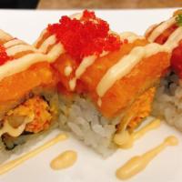 (Spr8) Miami Heat · Spicy krab, tempura shrimp inside, spicy salmon and spicy tuna top with spicy mayo tobiko.